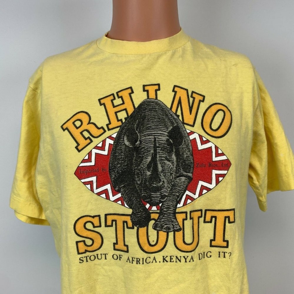 Rhino Stout Kenya Africa Double Sided T Shirt Vtg 90s Crazy Hawaii Made USA L